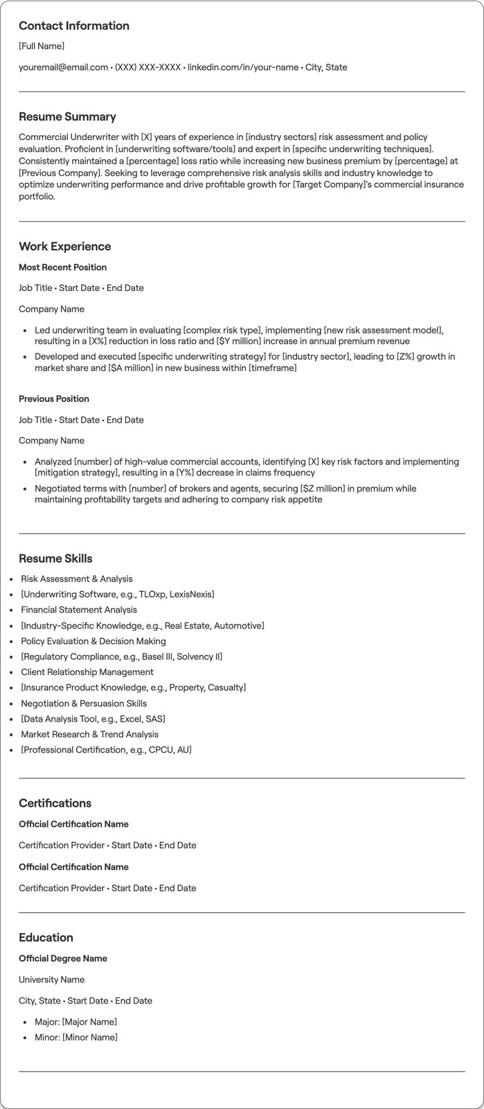 Commercial Underwriter resume example