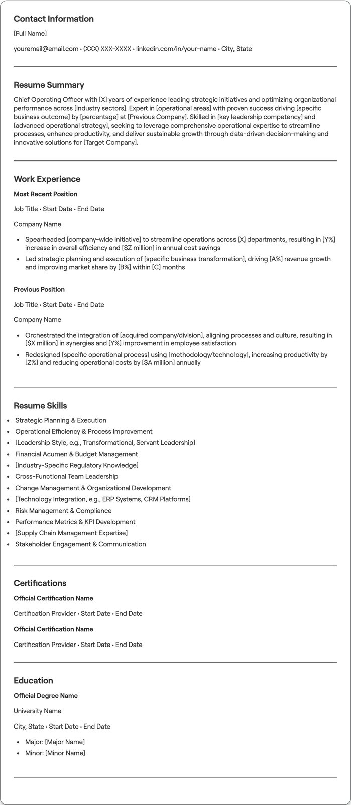 Chief Operating Officer resume example