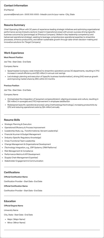 Chief Operating Officer resume example