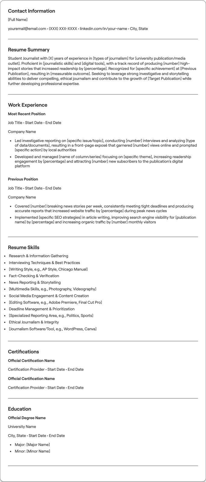 Student Journalist resume example