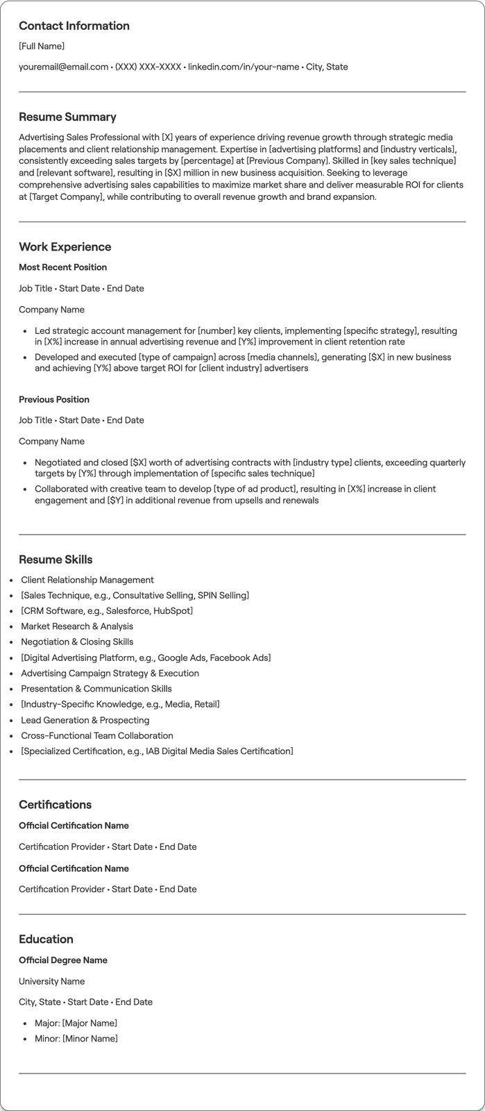 Advertising Sales resume example