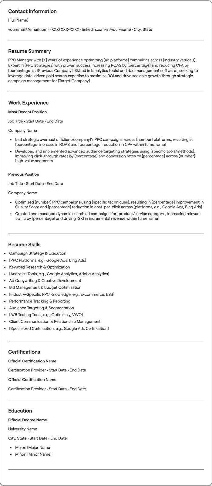 PPC Manager resume example