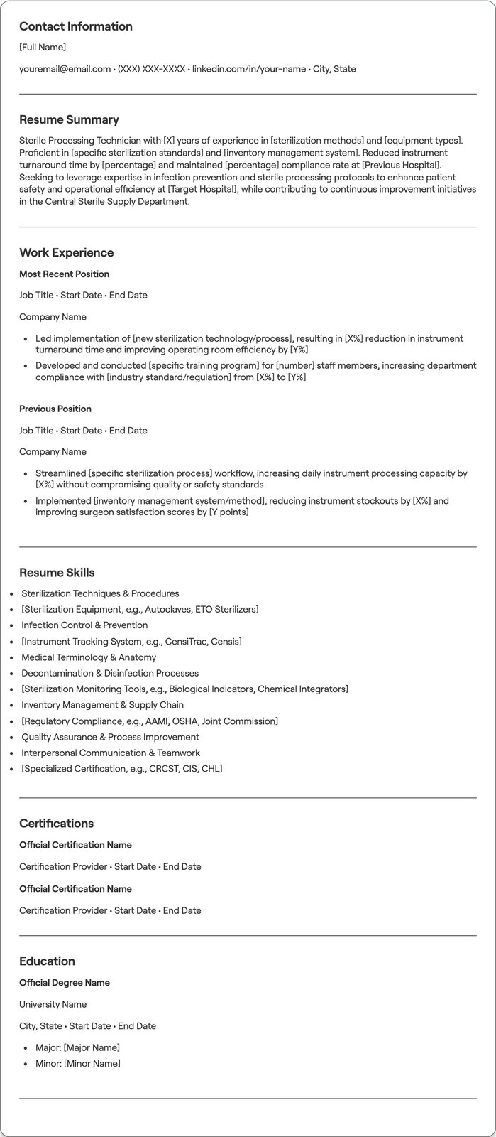 Sterile Processing Tech resume example