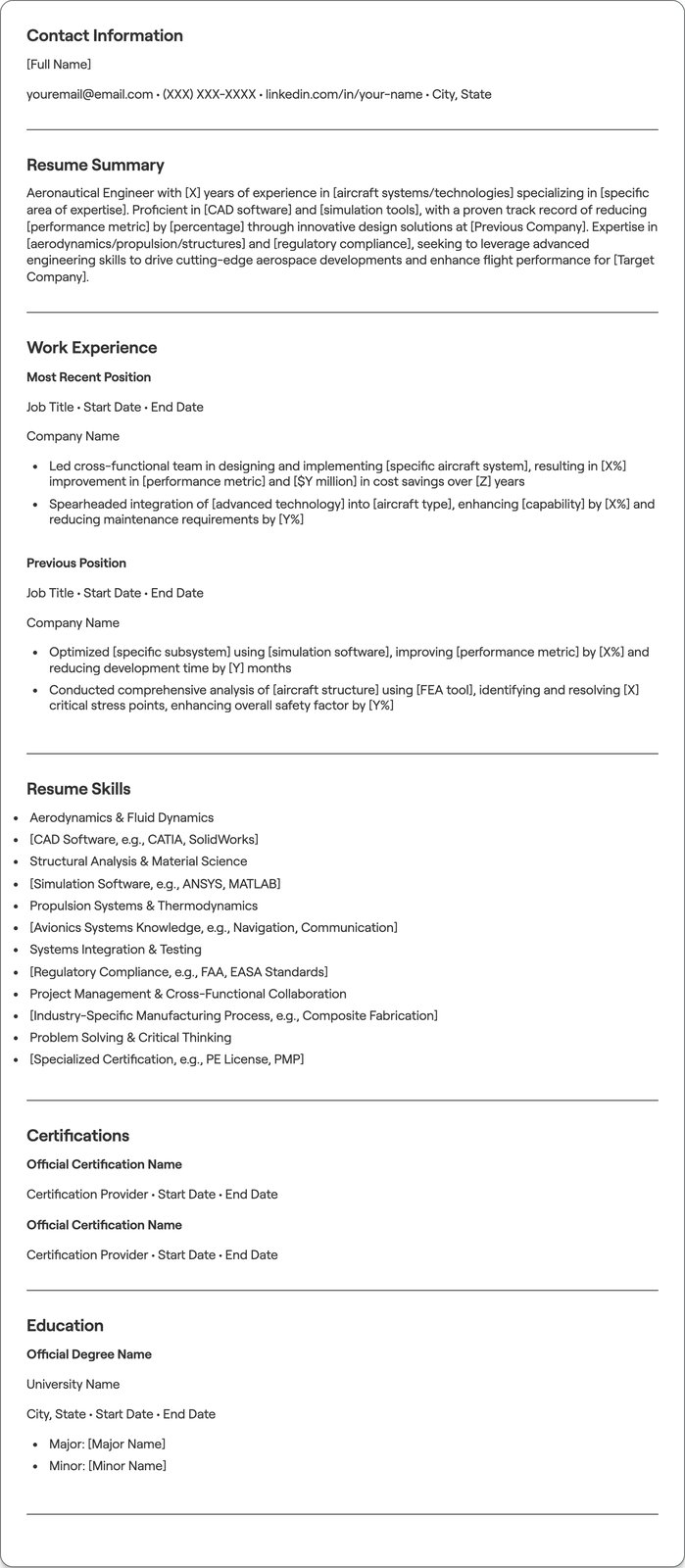 Aeronautical Engineer resume example