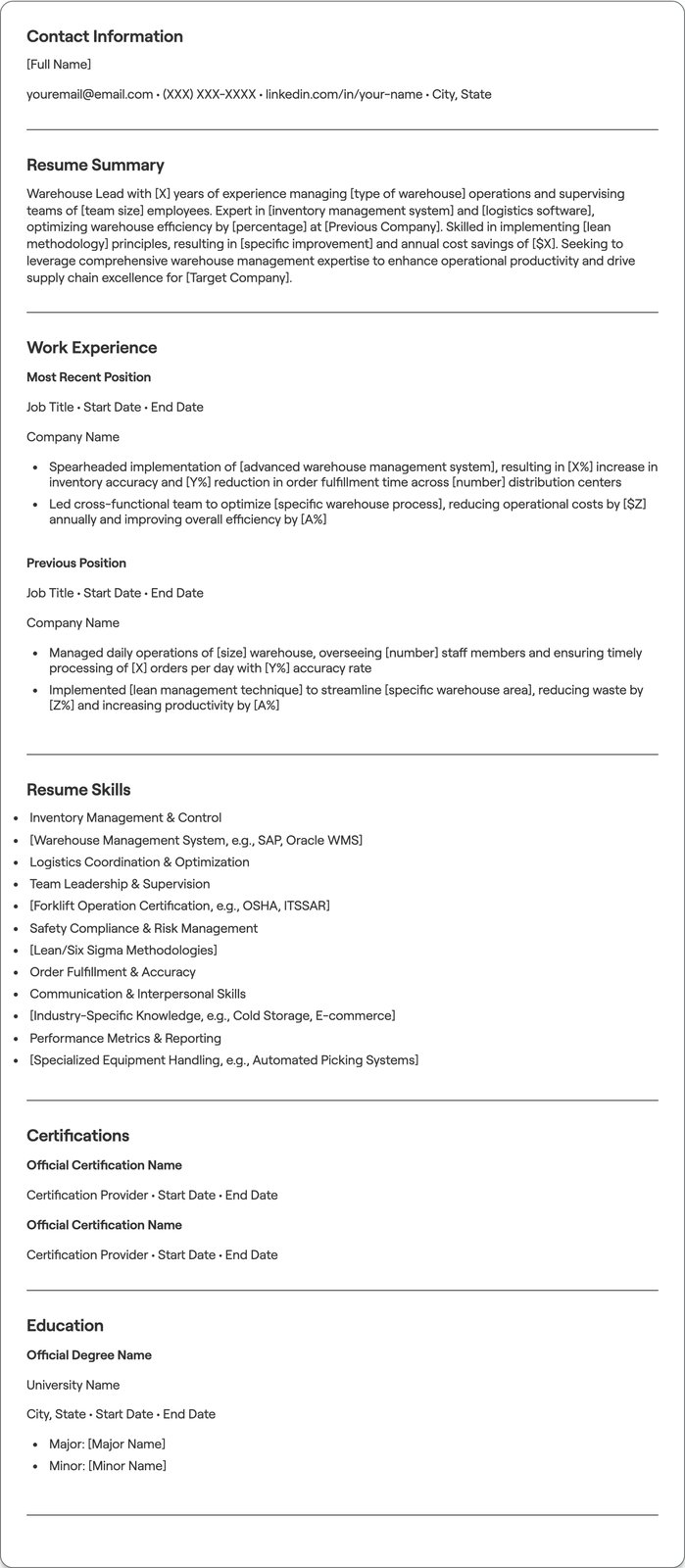 Warehouse Lead resume example
