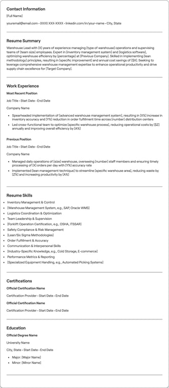 Warehouse Lead resume example