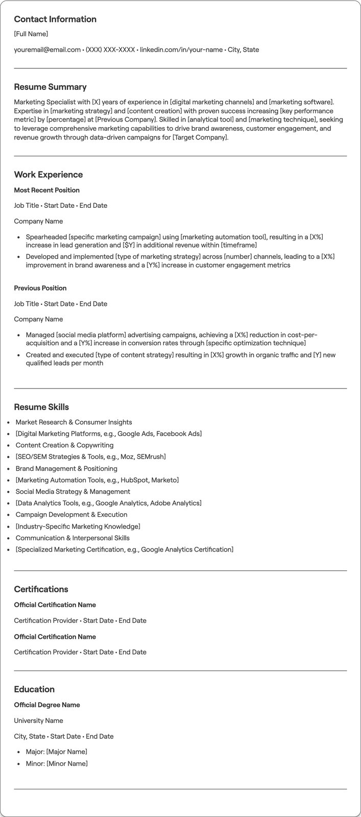 Marketing Specialist resume example