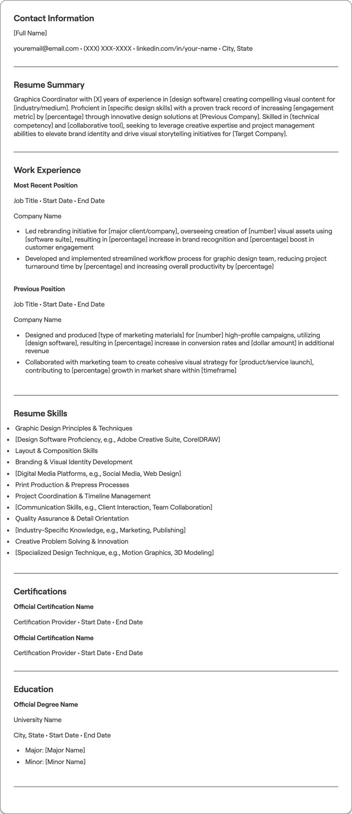 Graphics Coordinator resume example