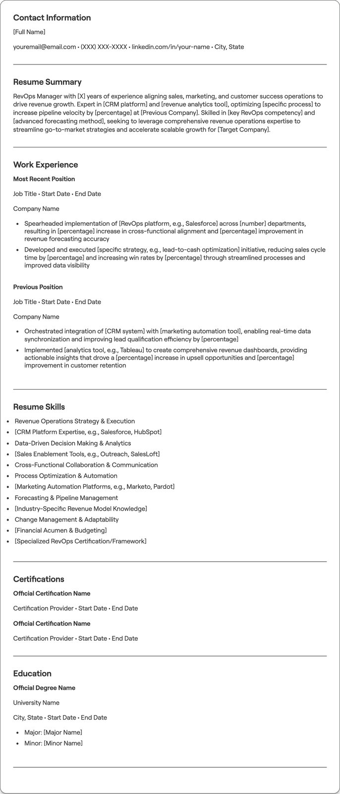 RevOps Manager resume example