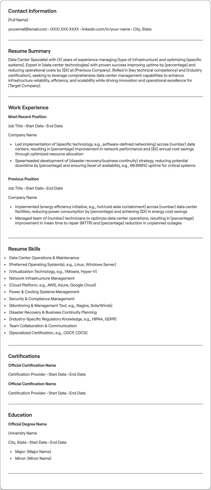 Data Center resume example
