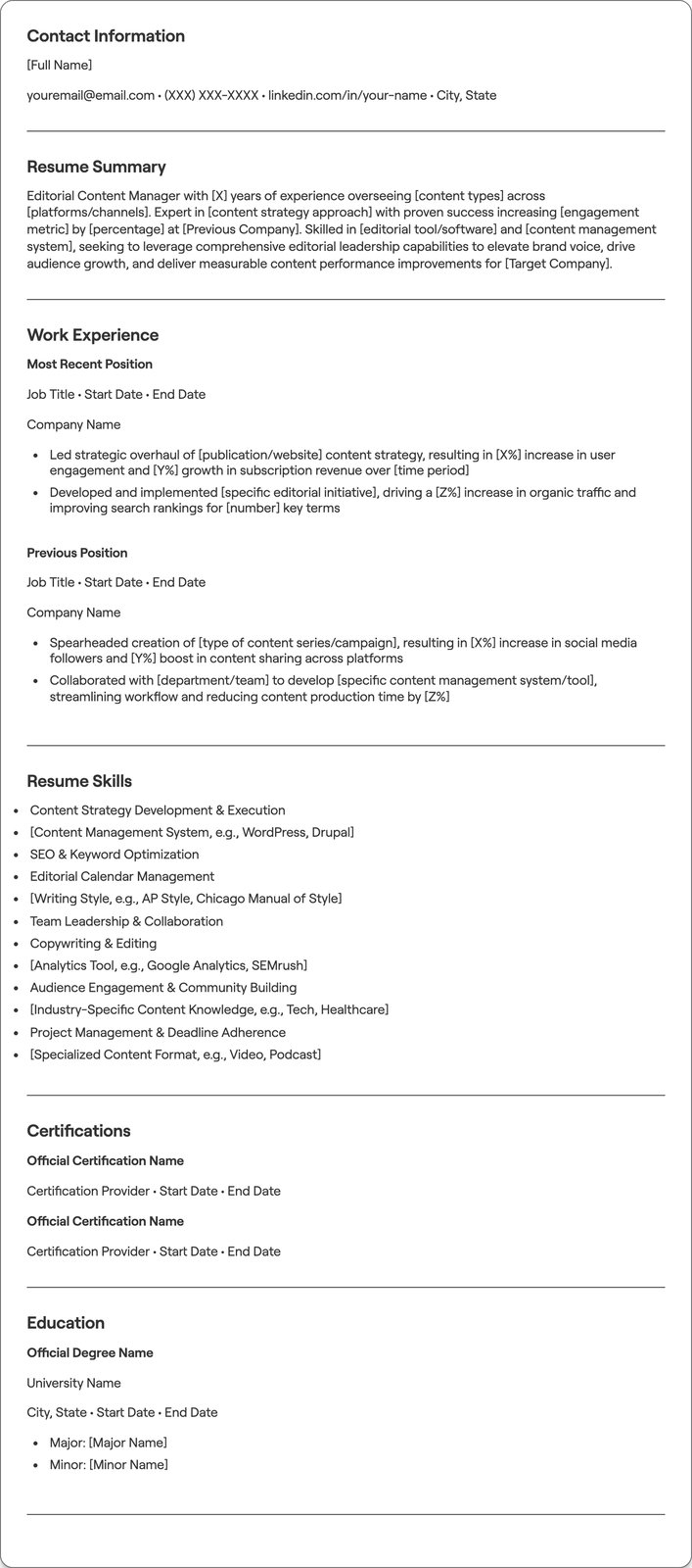Editorial Content Manager resume example