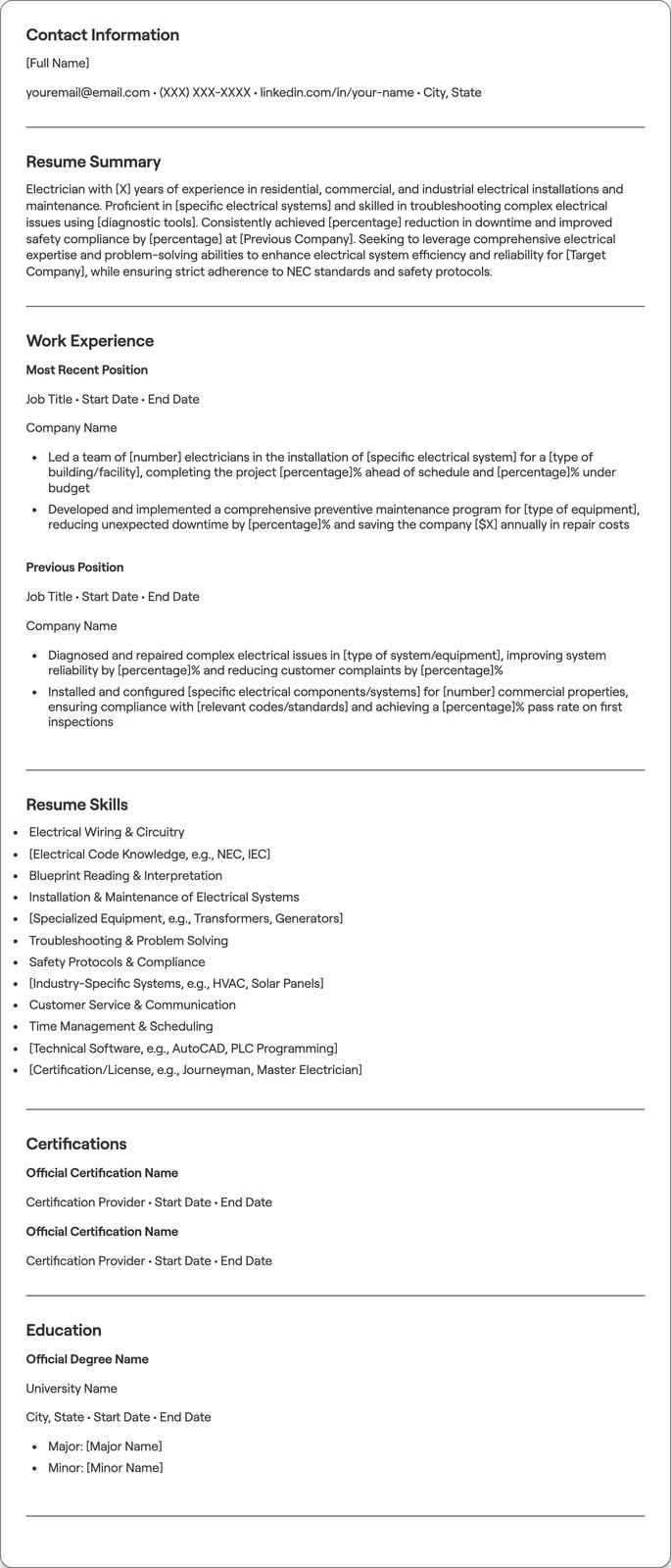 Electrician resume example