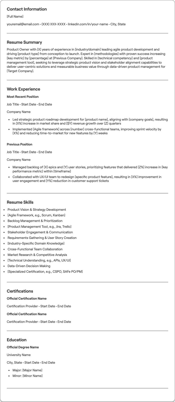 Product Owner resume example