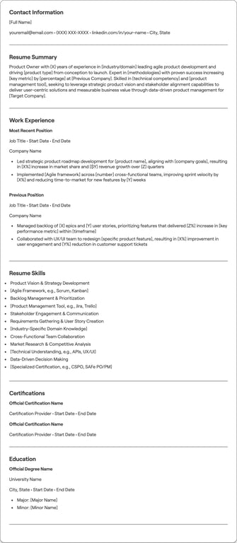 Product Owner resume example