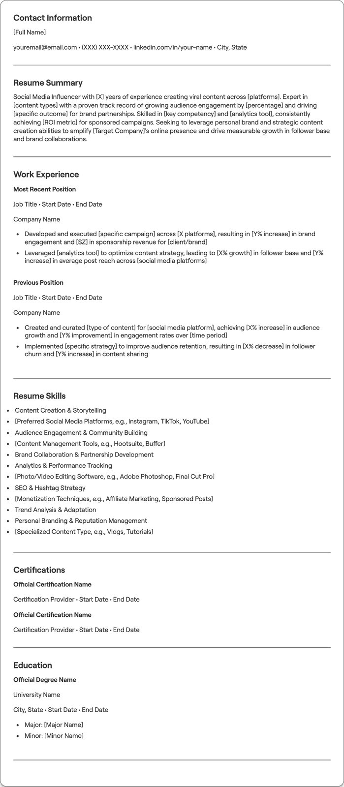Social Media Influencer resume example