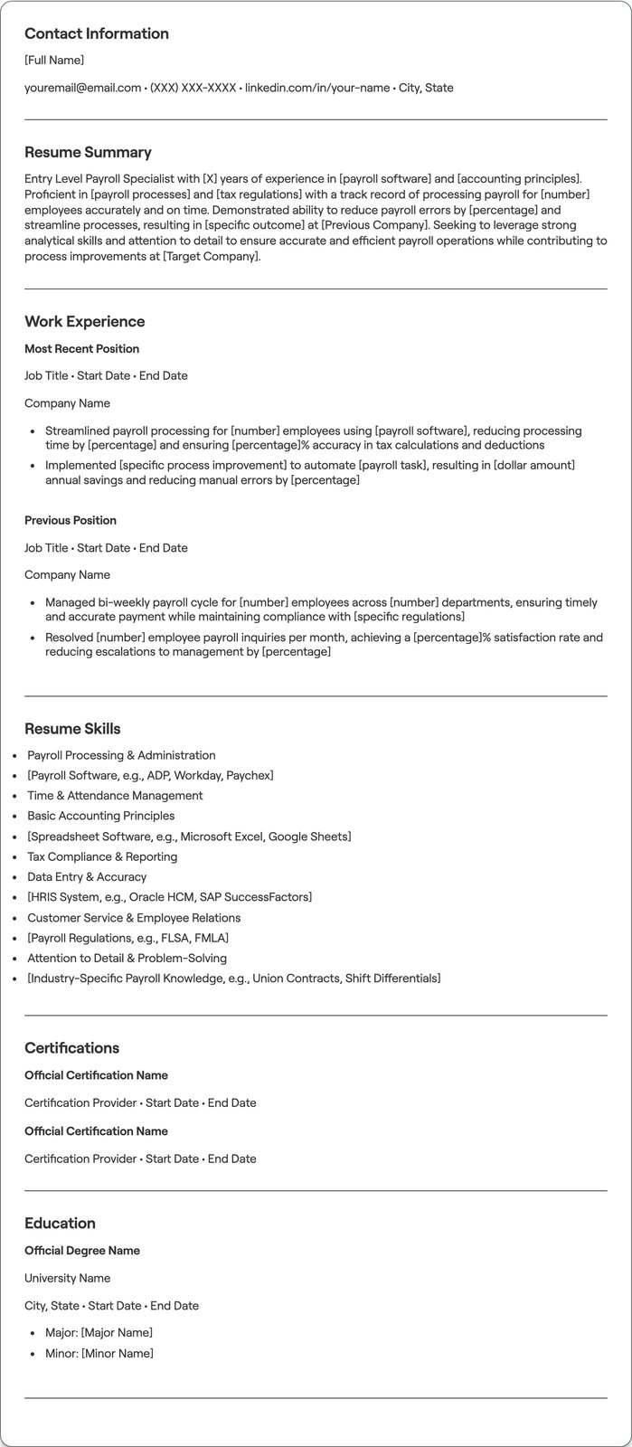 Entry Level Payroll Specialist resume example