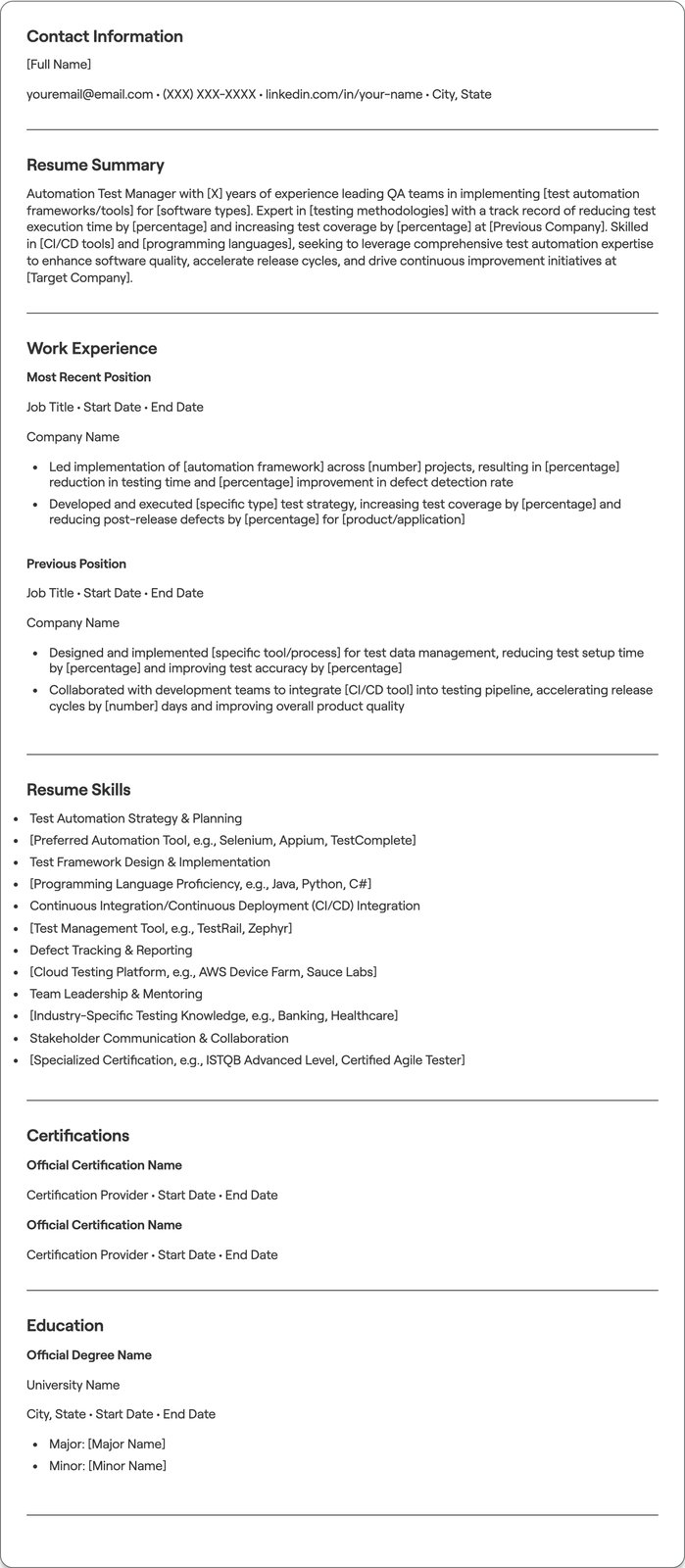 Automation Test Manager resume example