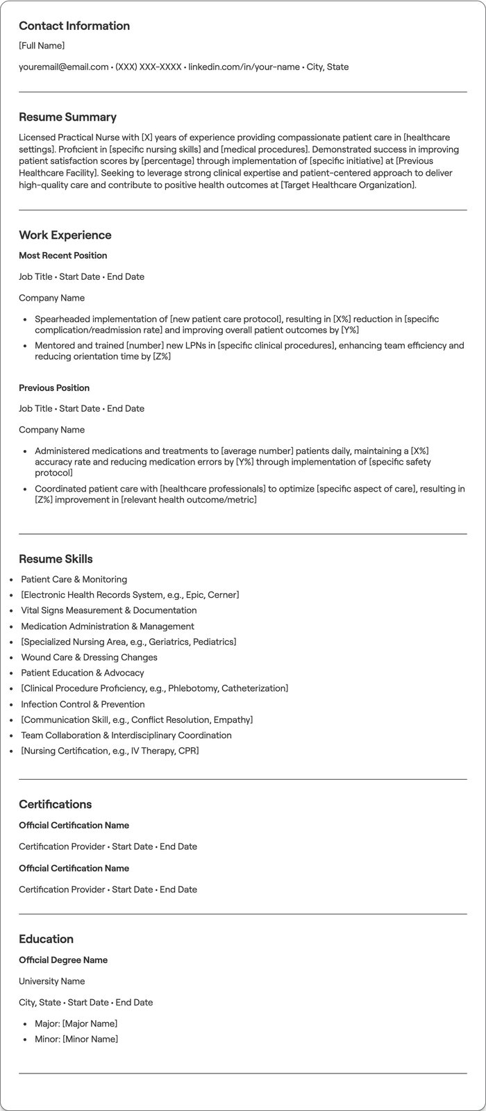 Licensed Practical Nurse resume example