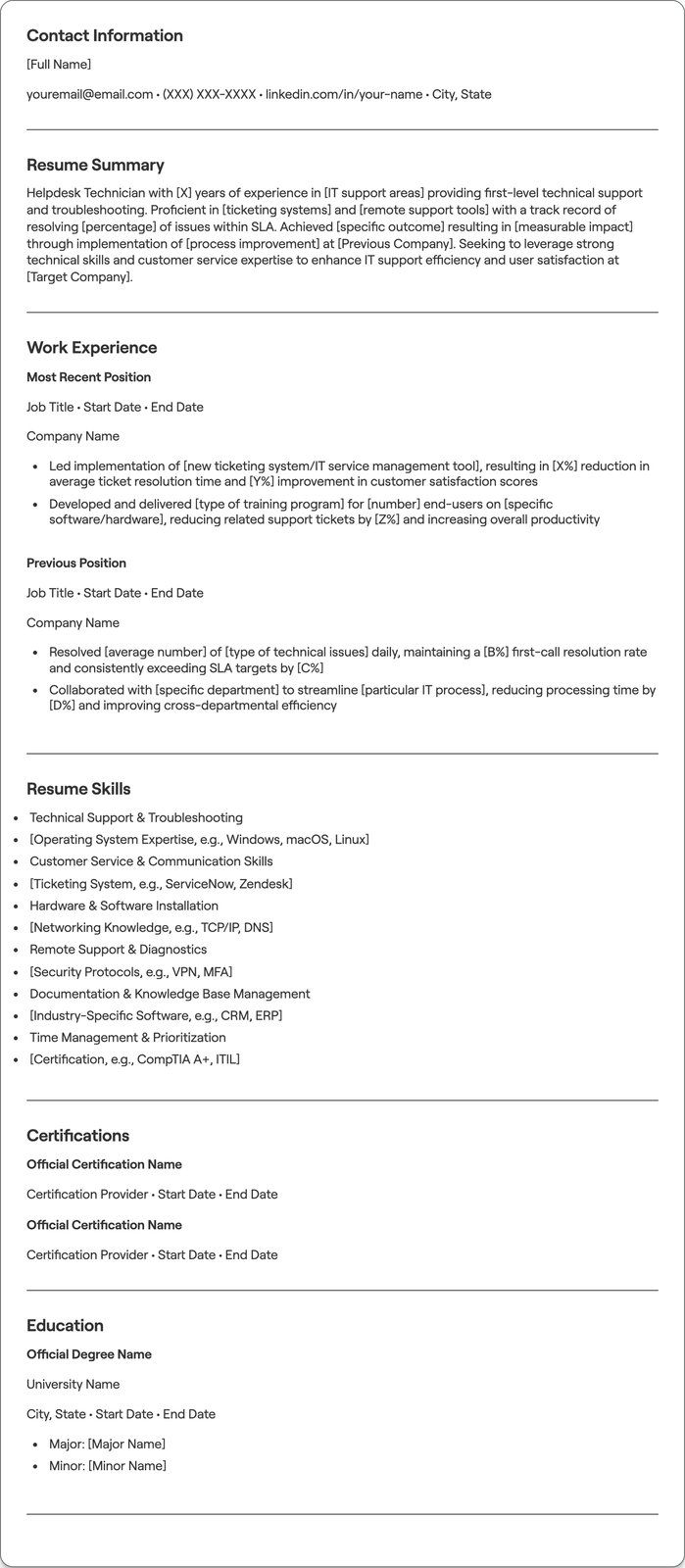 Helpdesk Technician resume example