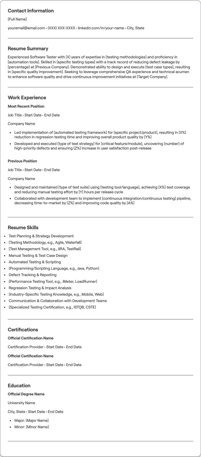 Experienced Software Tester resume example