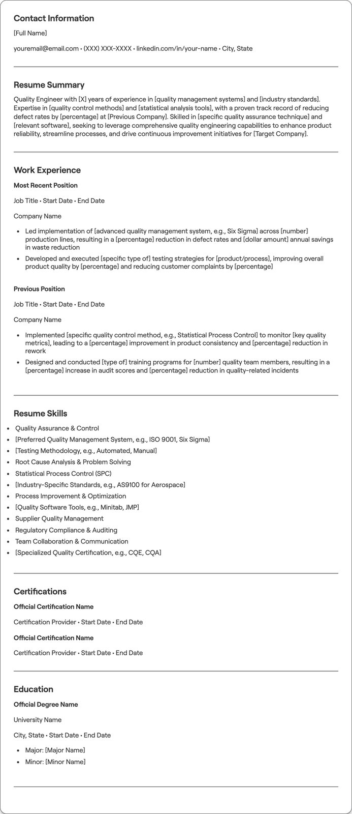 Quality Engineer resume example
