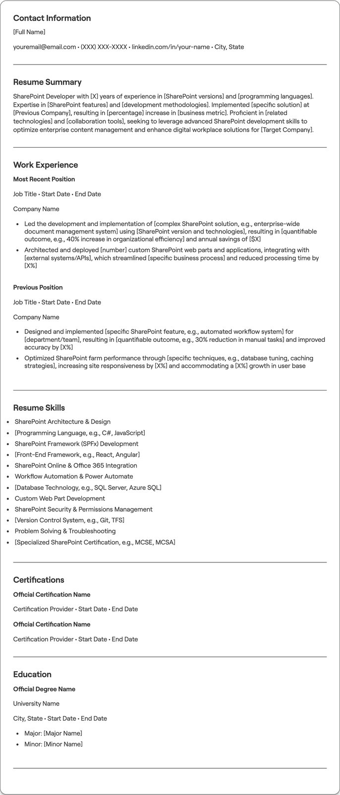 Sharepoint Developer resume example