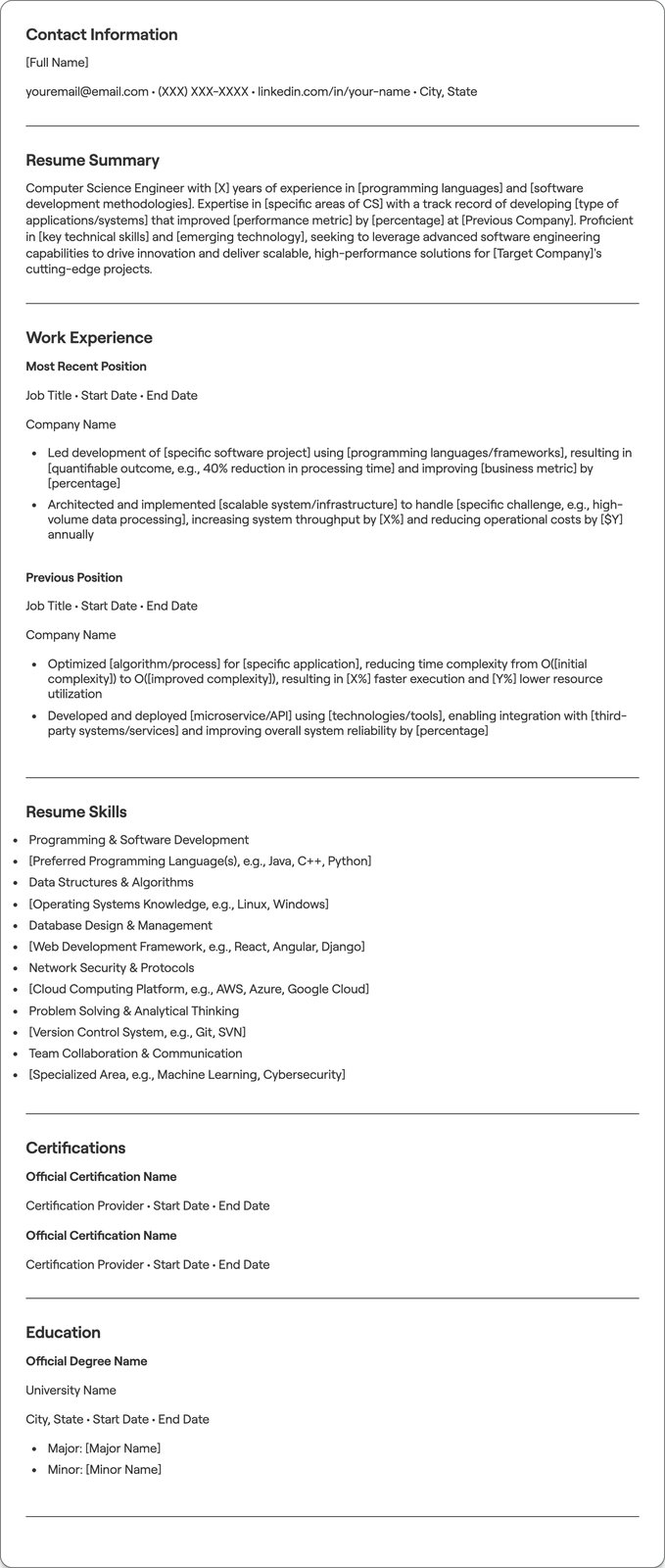 Computer Science Engineering resume example