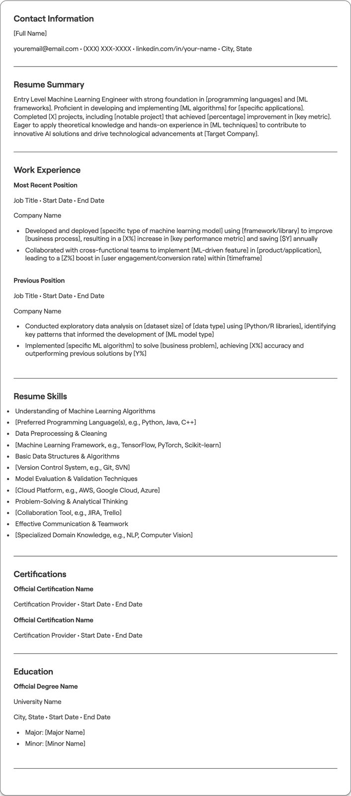Entry Level Machine Learning Engineer resume example