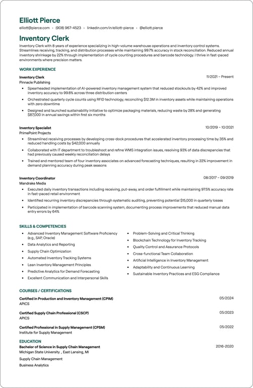 Inventory Clerk resume example