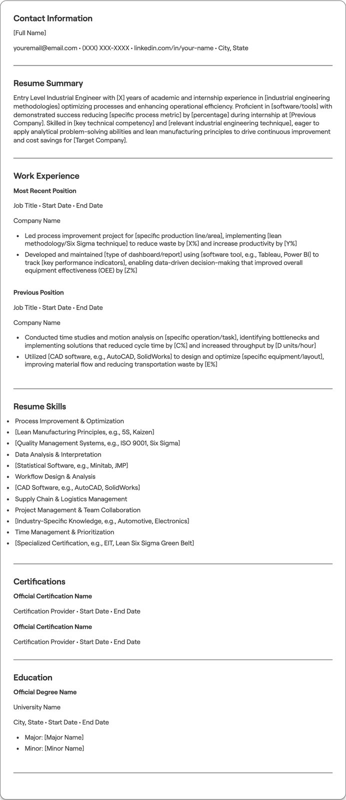 Entry Level Industrial Engineer resume example