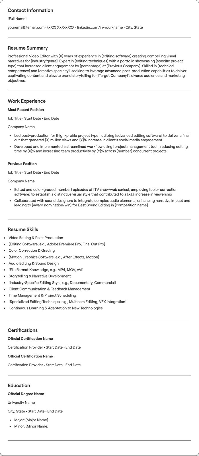 Professional Video Editor resume example