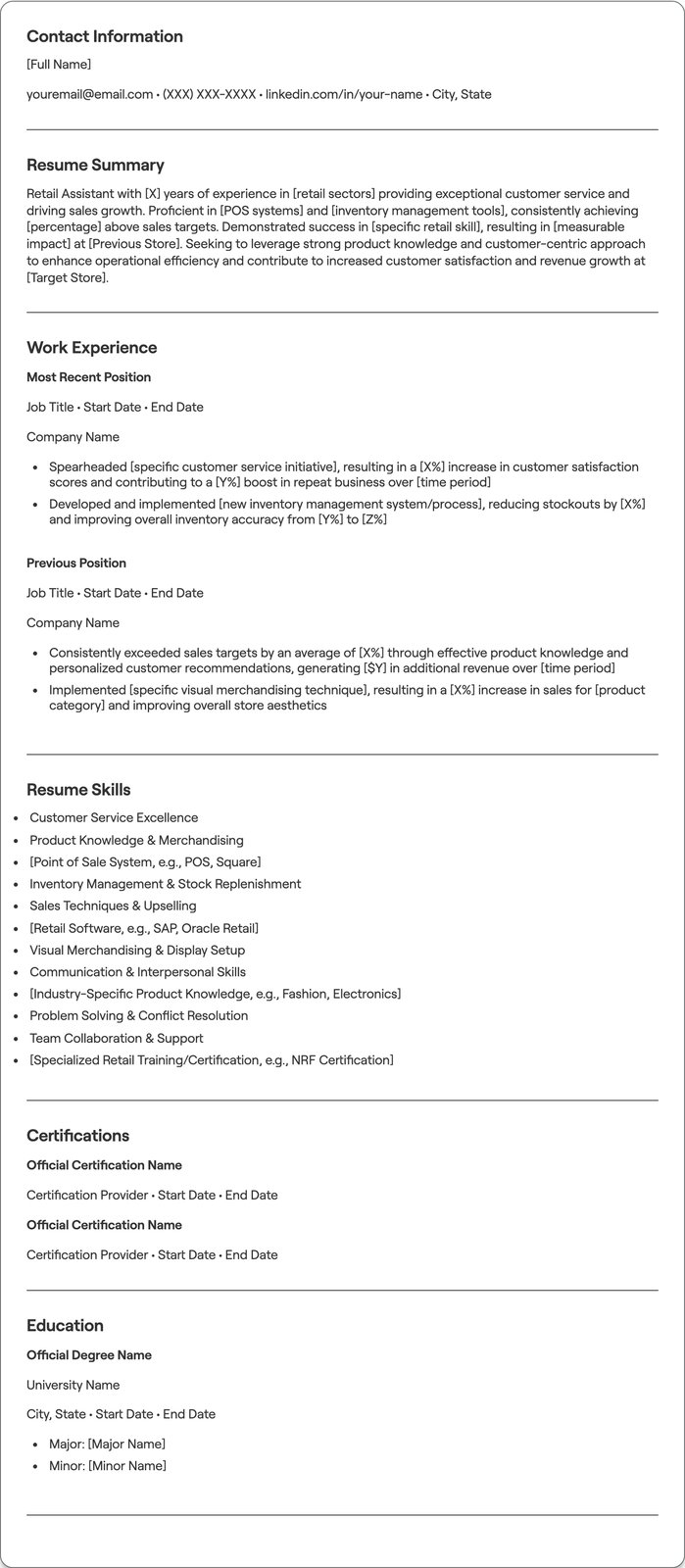 Retail Assistant resume example