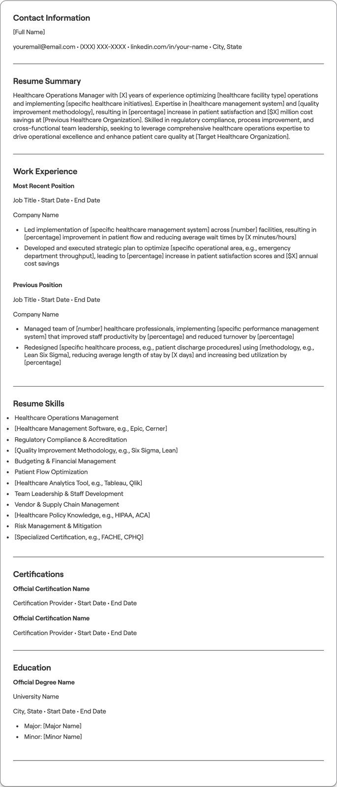 Healthcare Operations Manager resume example