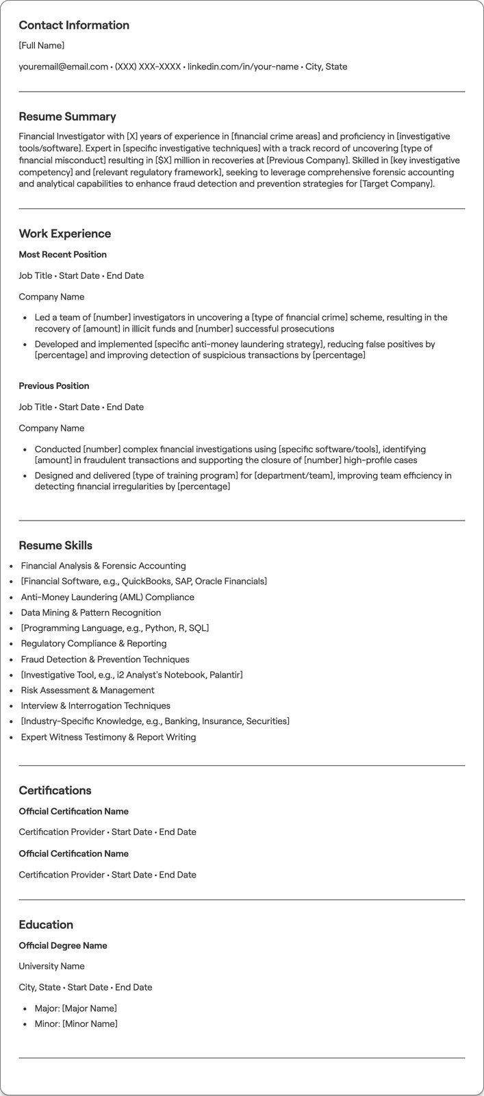 Financial Investigator resume example