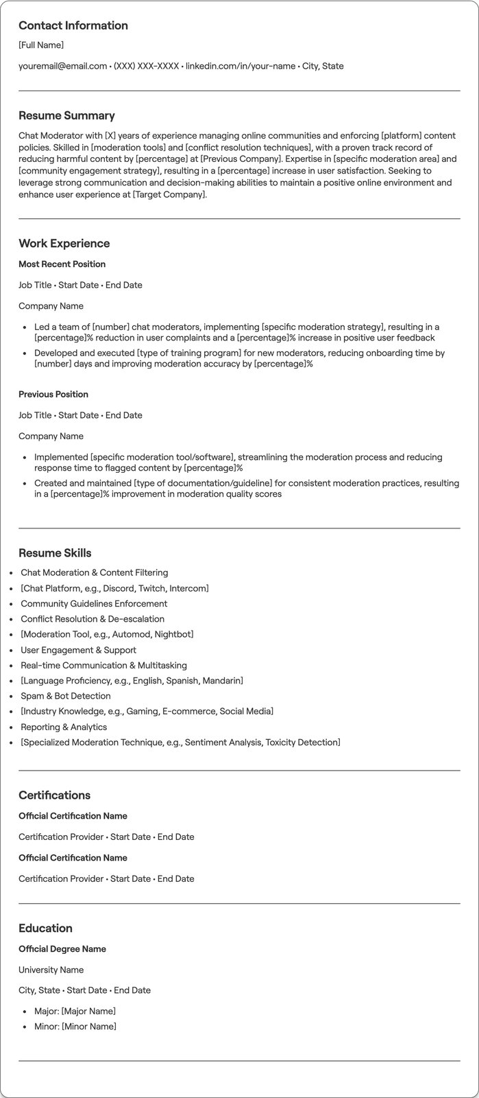 Chat Moderator resume example