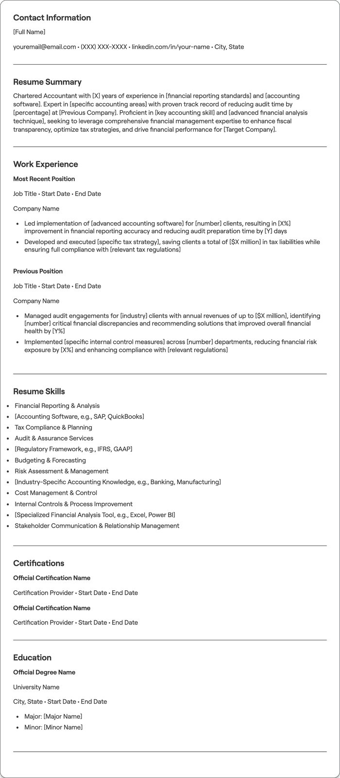 Chartered Accountant resume example