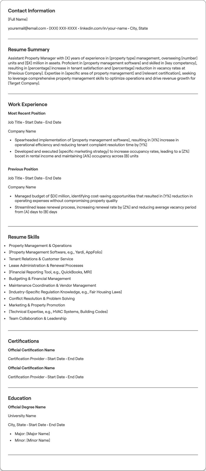 Assistant Property Manager resume example