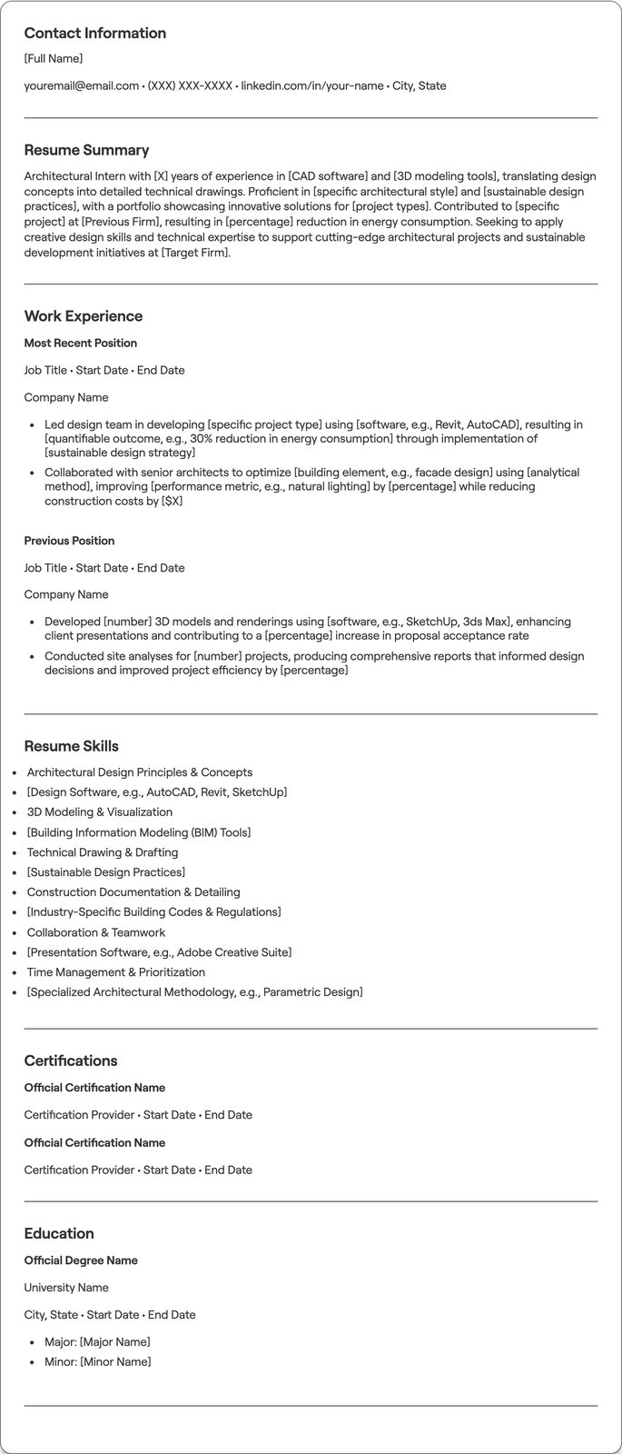 Architectural Intern resume example