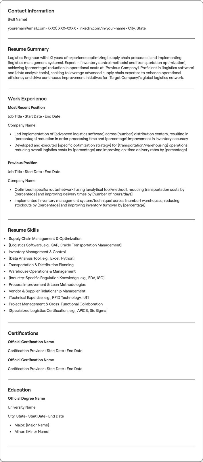 Logistics Engineer resume example