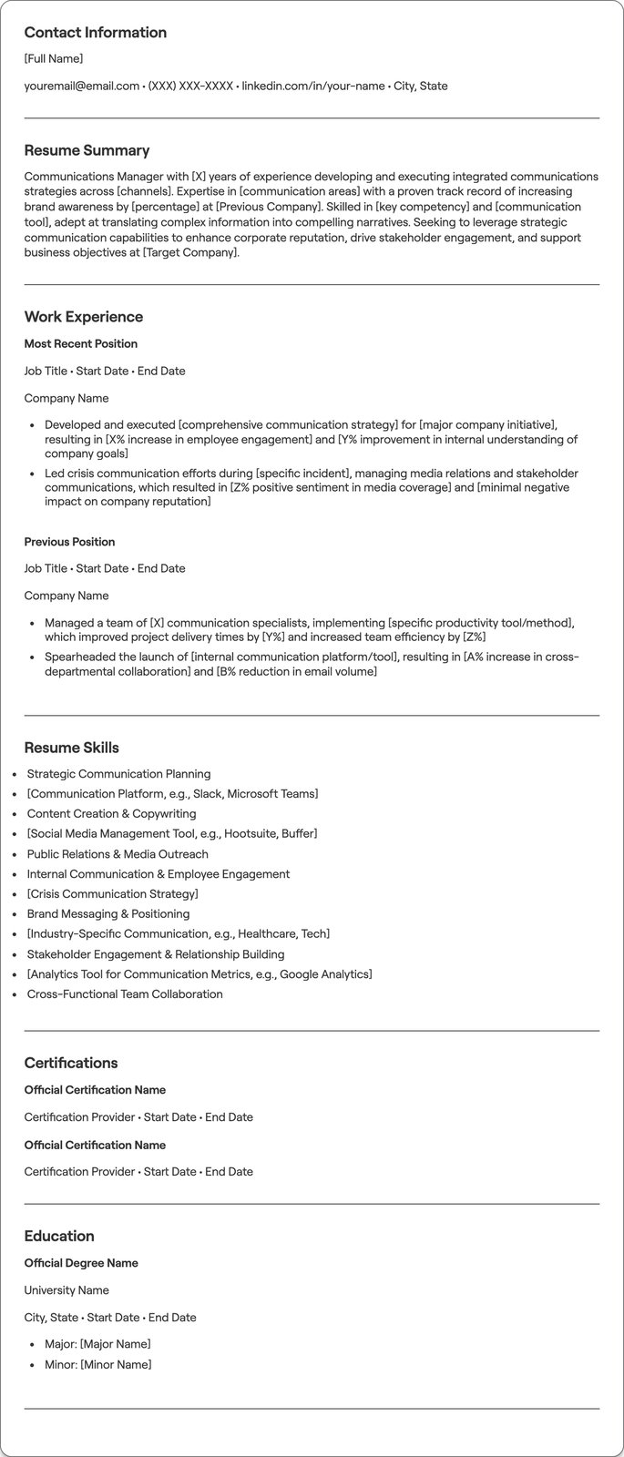 Communications Manager resume example