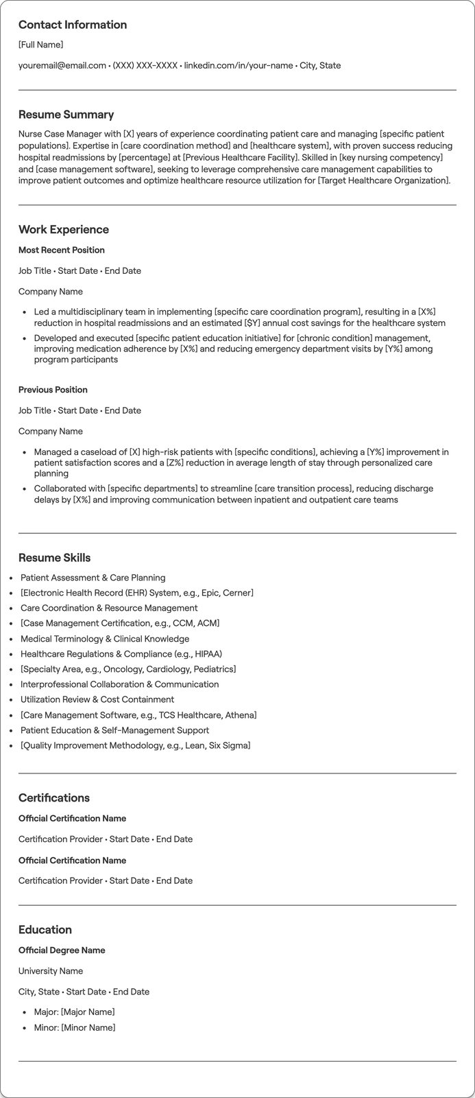 Nurse Case Manager resume example