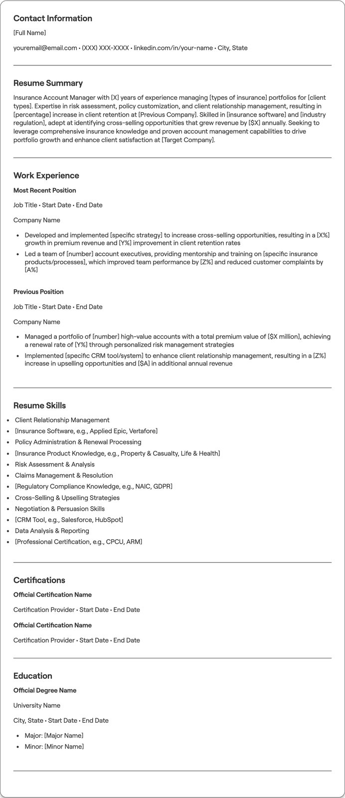 Insurance Account Manager resume example