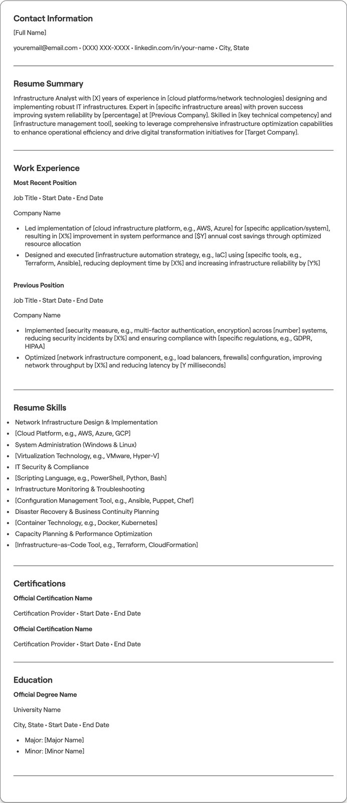 Infrastructure Analyst resume example
