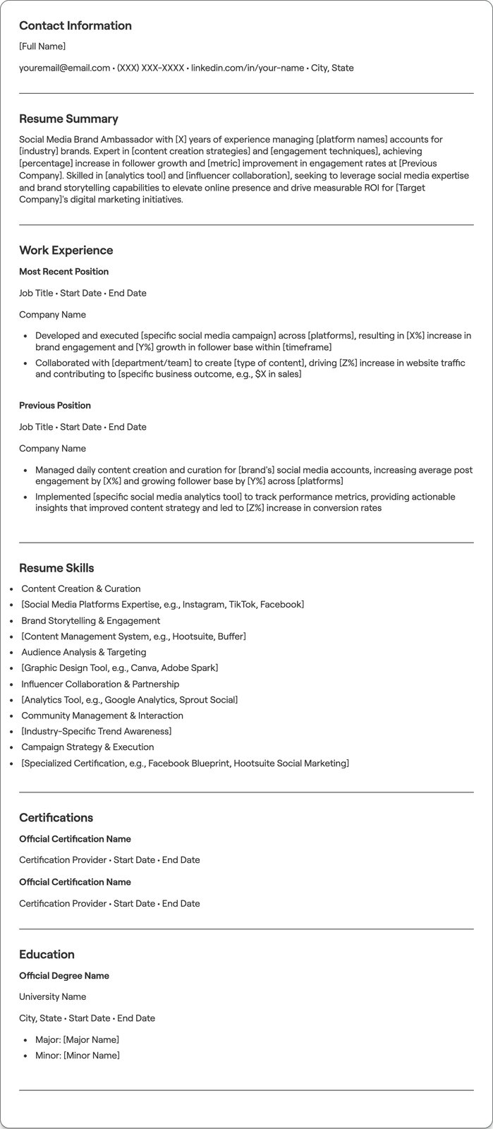 Social Media Brand Ambassador resume example