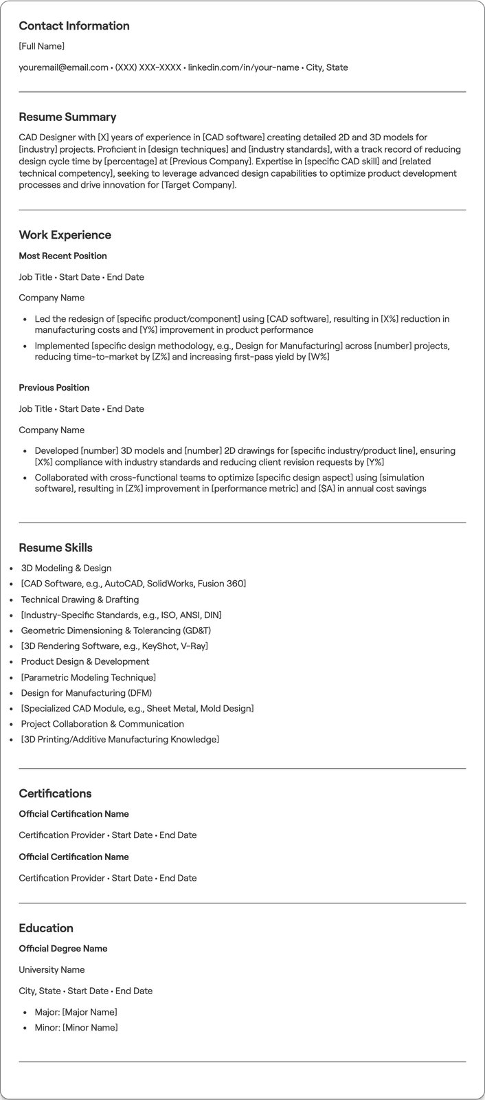 CAD Designer resume example