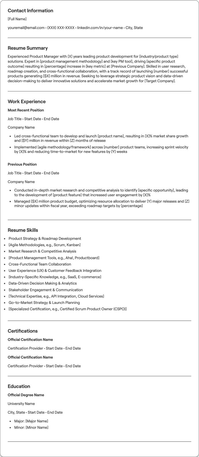 Experienced Product Manager resume example