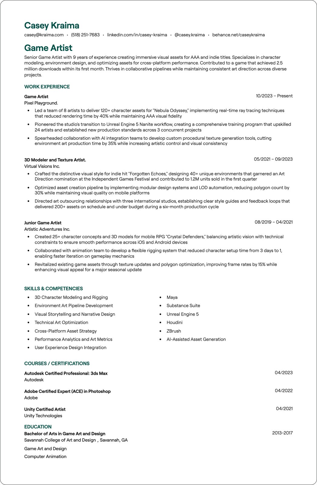 Video Game Artist resume example