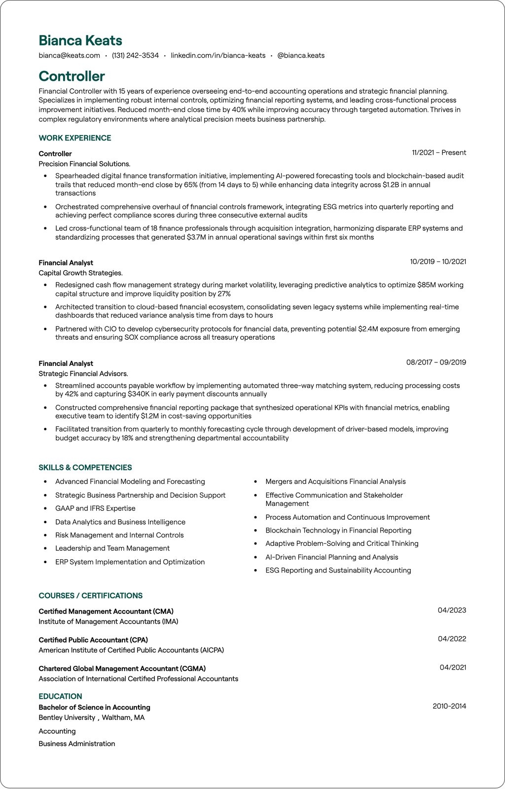 Project Controller resume example