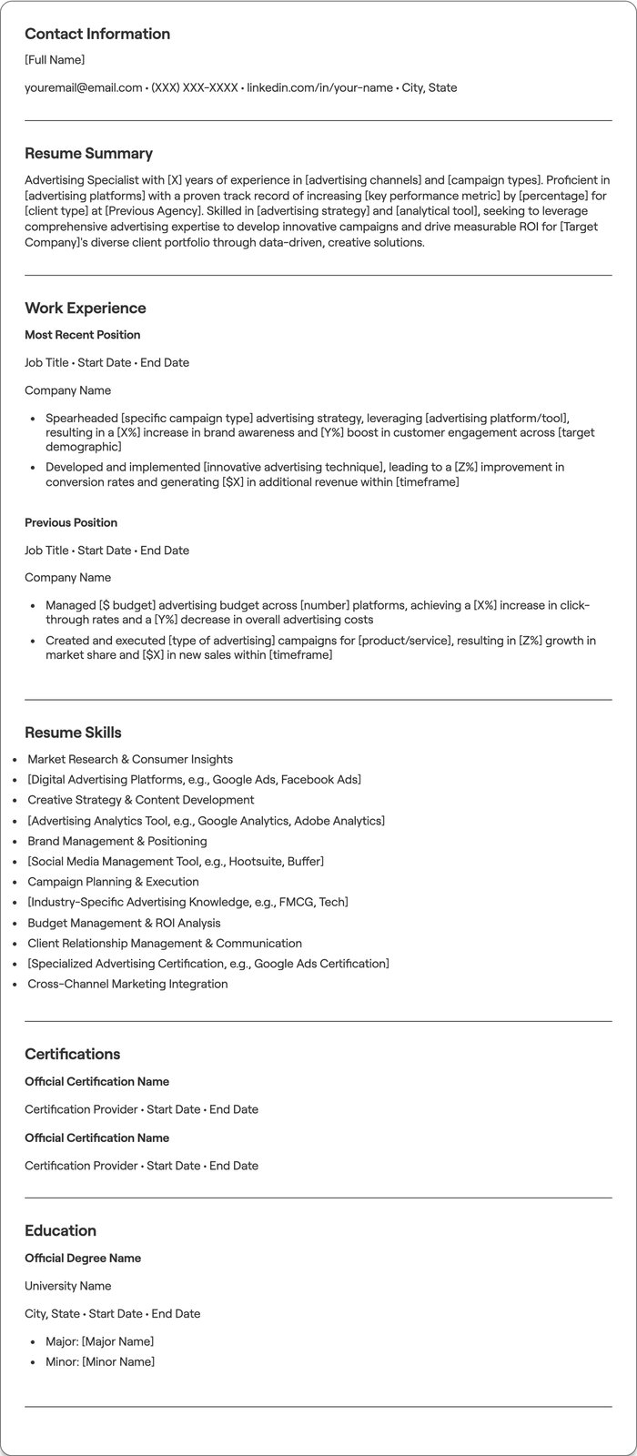 Advertising Specialist resume example