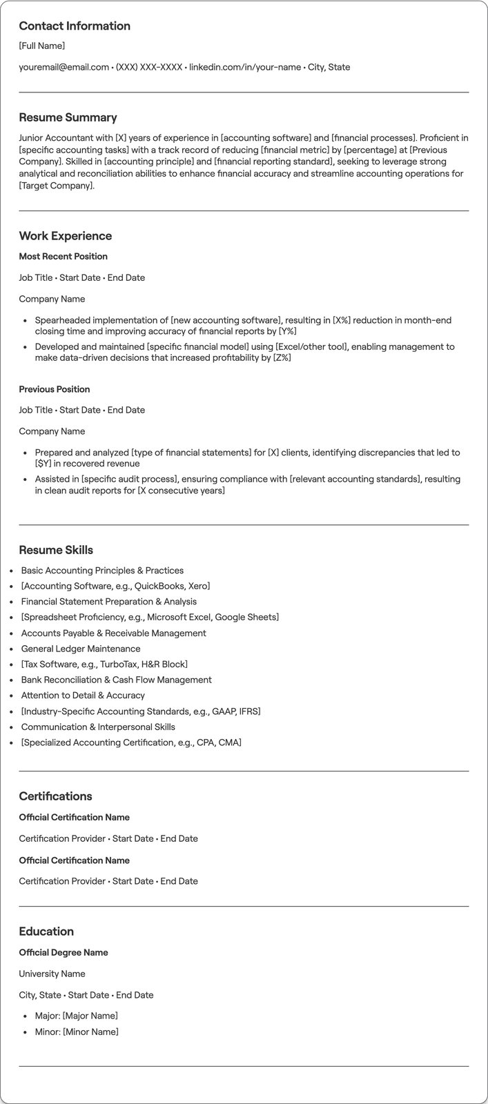 Junior Accountant resume example
